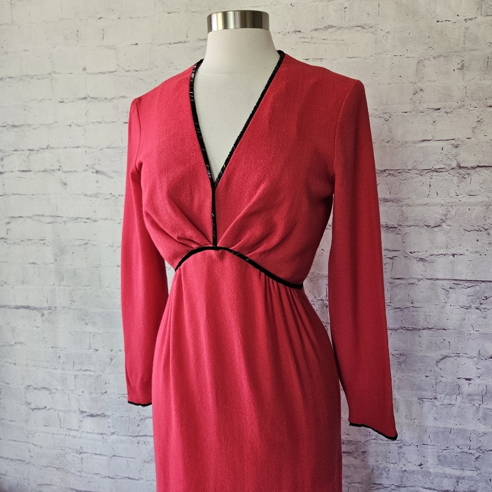 Vintage Harold Levine Boutique Pink Wool Long Sleeve Shift Dress Black Beads
